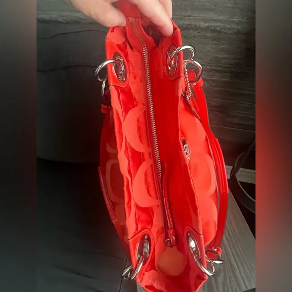 Coach Crimson Orange Signature Nylon ToteBag Leather Trim/Hangtag + Dust Bag 12” - Picture 10 of 16